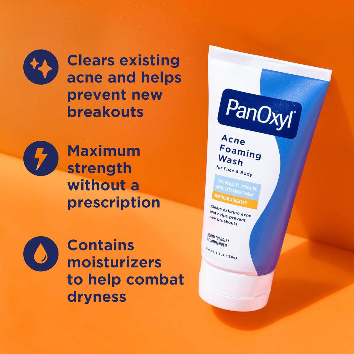 Benzoyl Peroxide Acne Foaming Wash, Maximum Strength, Daily Acne-Fighting Face and Body Cleanser, Face Wash to Clear, Treat and Prevent Acne Pimples and Stubborn Breakouts, 5.5 Oz Tube
