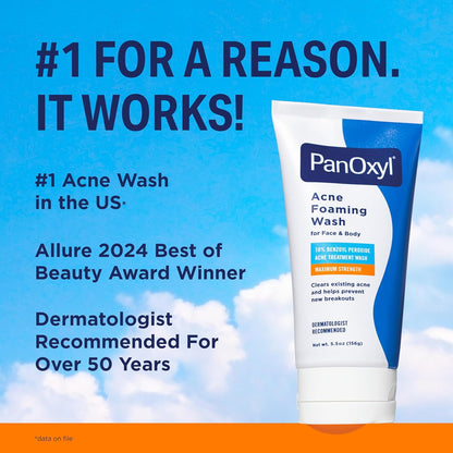 Benzoyl Peroxide Acne Foaming Wash, Maximum Strength, Daily Acne-Fighting Face and Body Cleanser, Face Wash to Clear, Treat and Prevent Acne Pimples and Stubborn Breakouts, 5.5 Oz Tube